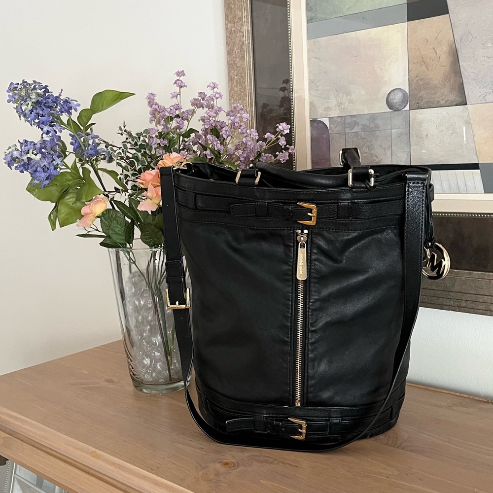 Michael Kors Black Leather Bucket Bag with Gold Hardware